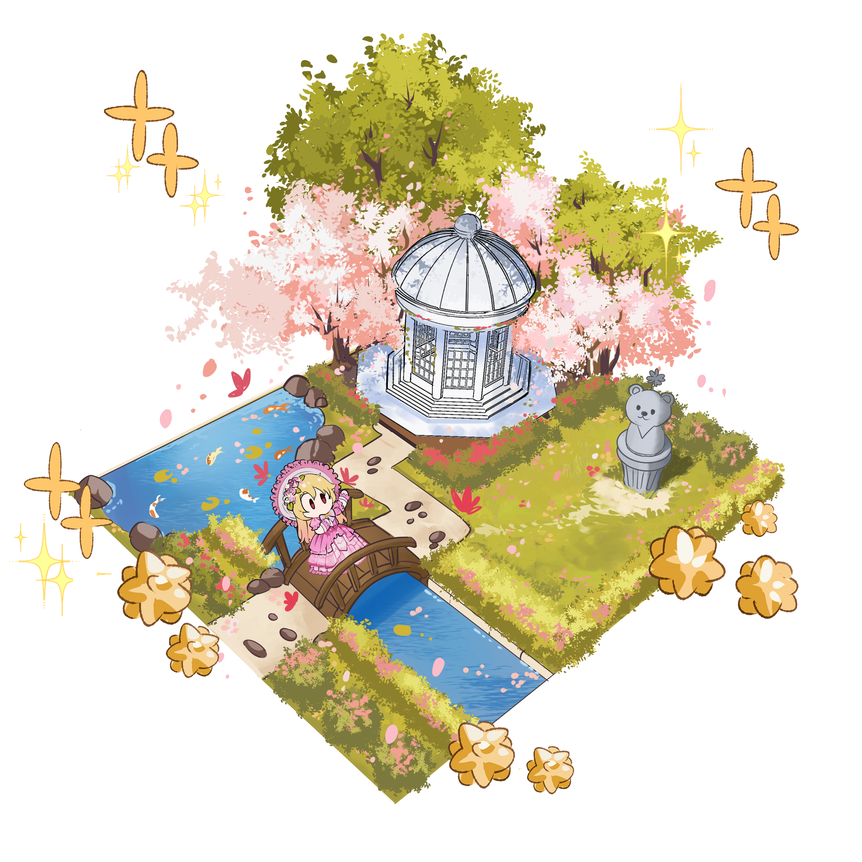 A garden with a pavilion, bear statue, green and pink trees, a koi pond, and a bridge. A girl with blonde hair, red eyes, and pink frilly dress is standing on the bridge.